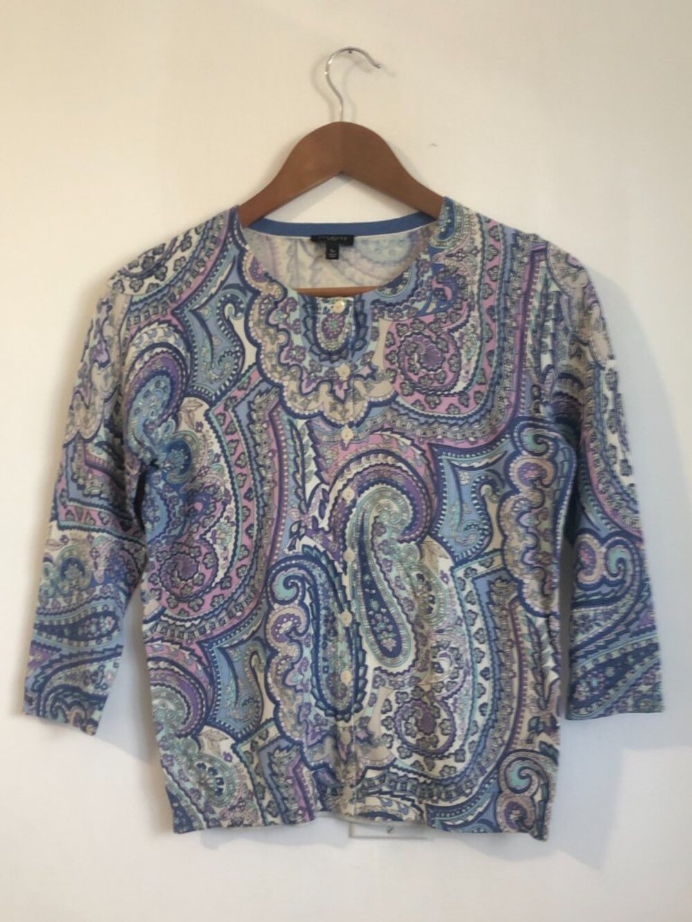 Paisley Print Button Down 3/4 Sleeve Sweater Pastel Purple + Blue Petite Small